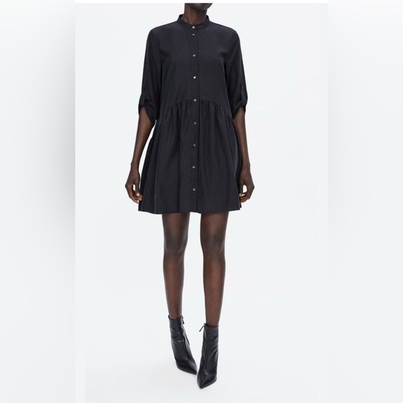 Zara Black Mini Flowy  Button-Up Dress Rolled Up Sleeves - Picture 2 of 10